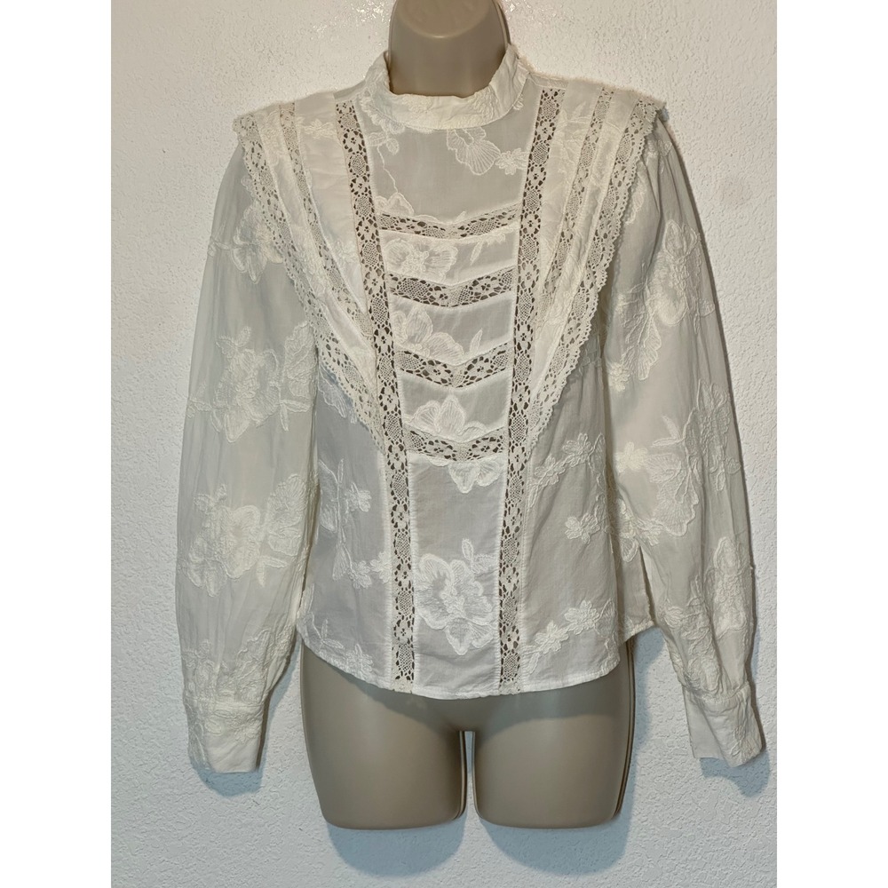 Ultra Pink White Cotton Crochet
Floral Embroidered High Neck Victorian Blouse M